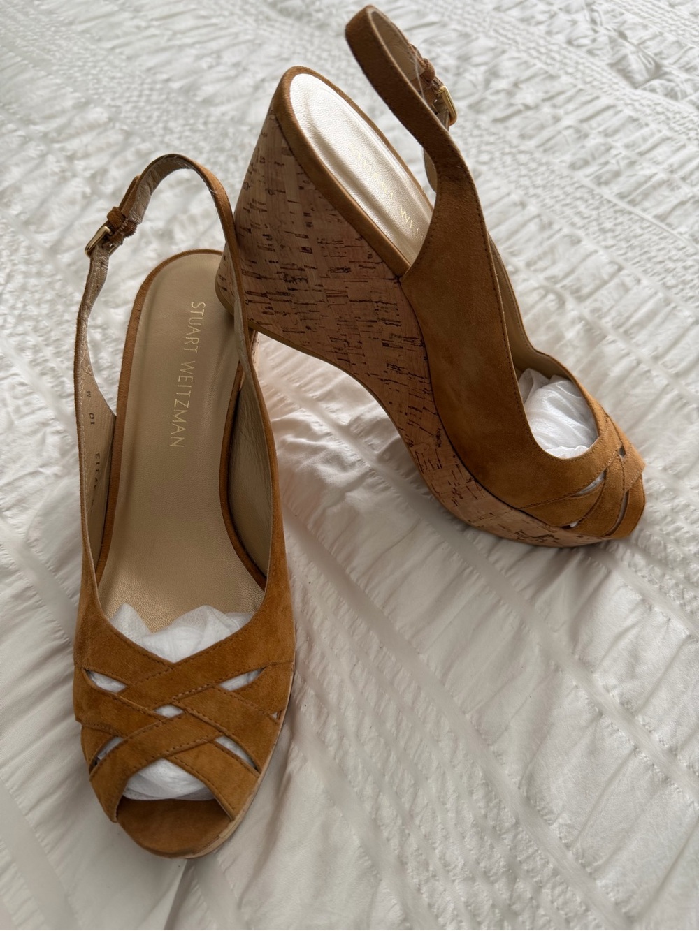Stuart Weitzman Peep-Toe Tan Suede Cork Wedge Slingbacks